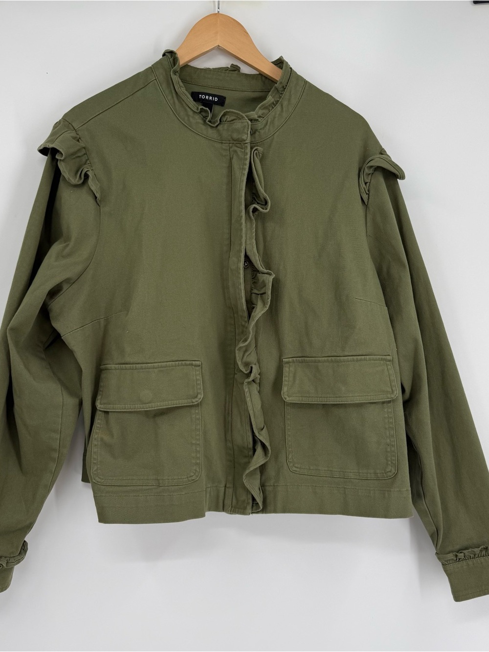 Torrid Olive green Twill Ruffle Utility Jacket Size 2X Military Moto Women - Picture 11 of 11